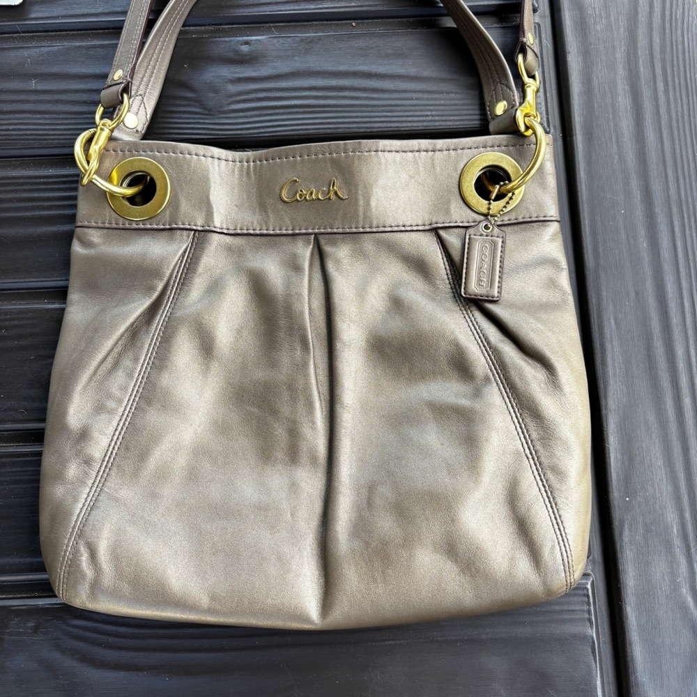 Coach Shoulder Bag Womens Medium Bronze Metallic Leather Pleated Gold Hardware - Picture 5 of 12